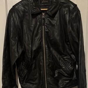 Guess Men's Black Leather Bomber Jacket